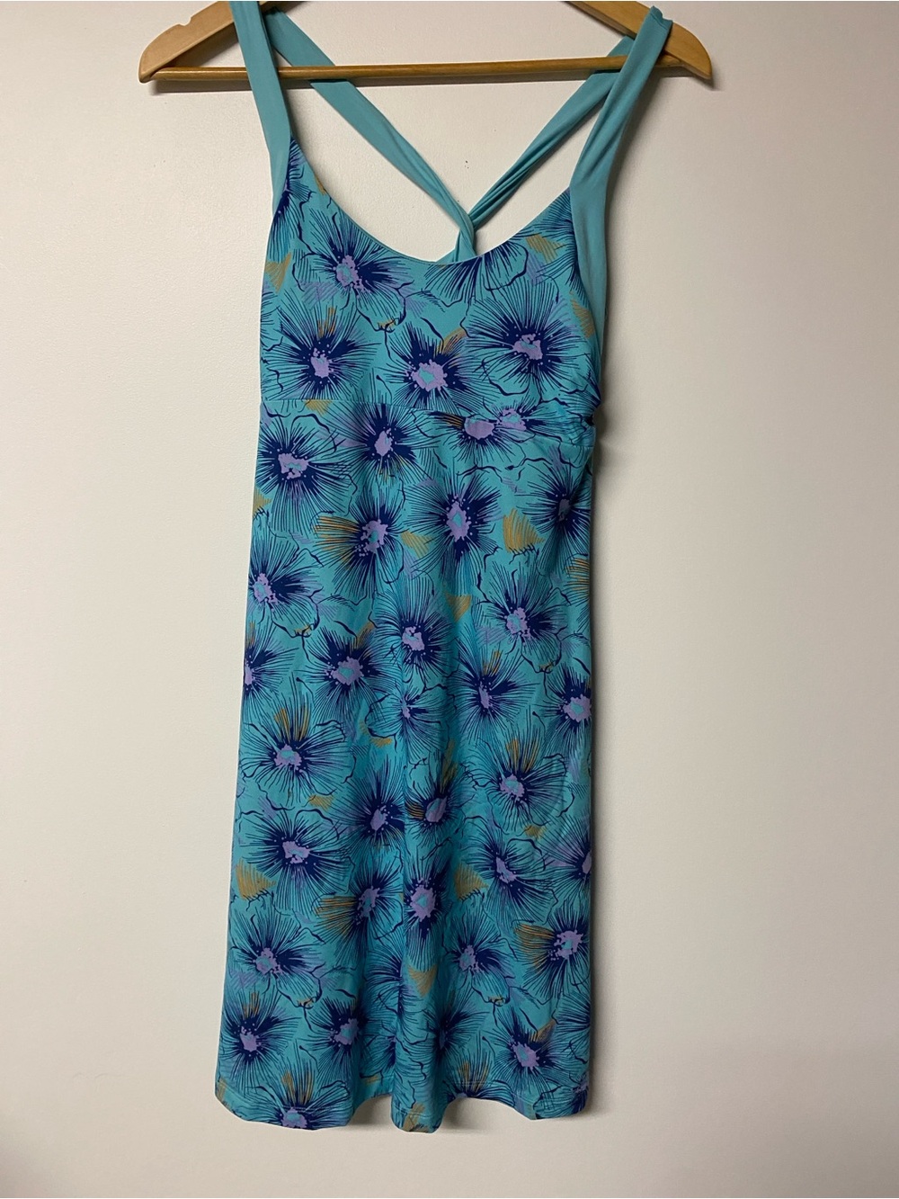 Patagonia Morning Glory Teal Floral Midi Dress with Purple Accents